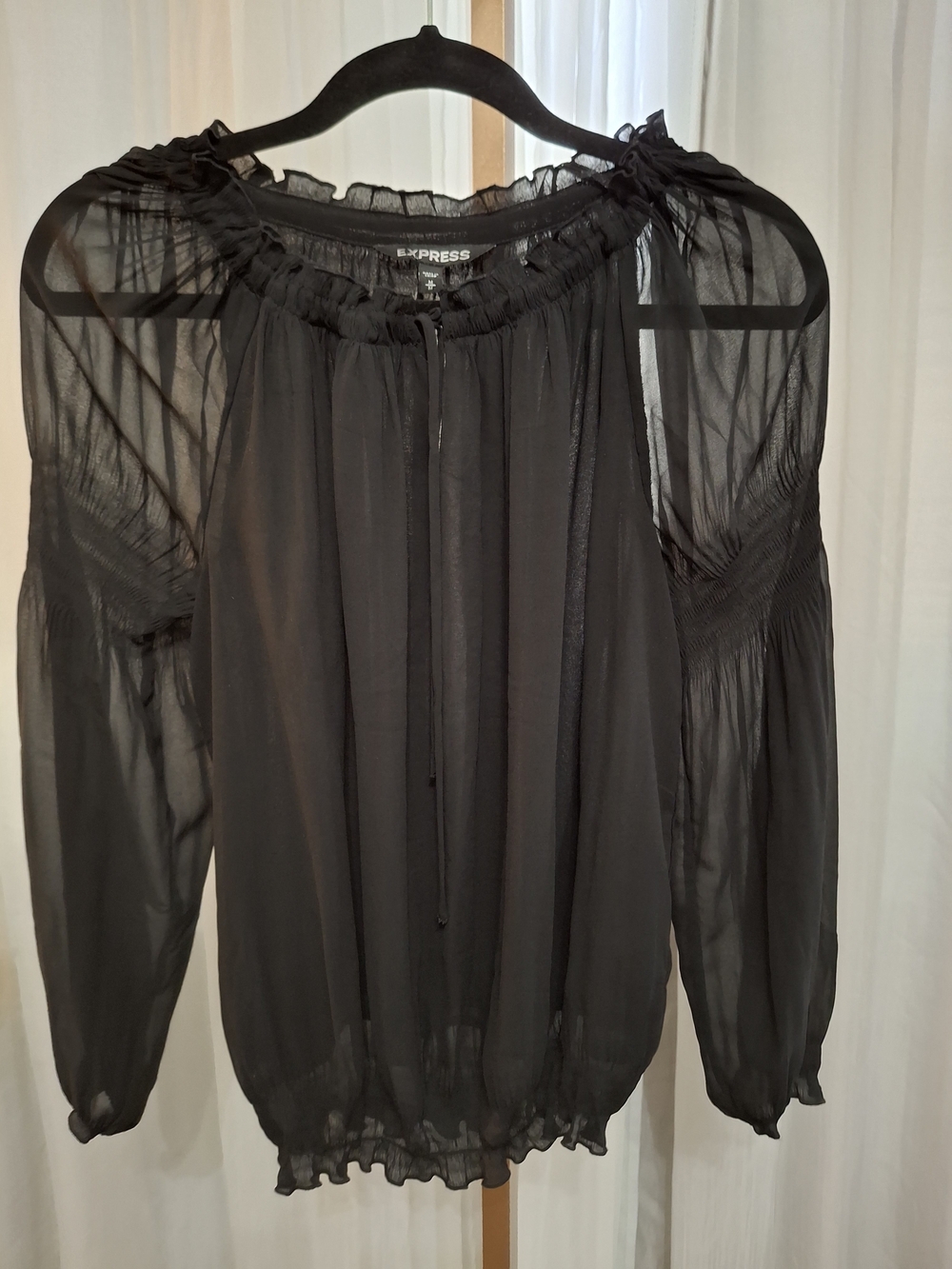 Express Black Sheer Peasant Blouse with Tie Neck
